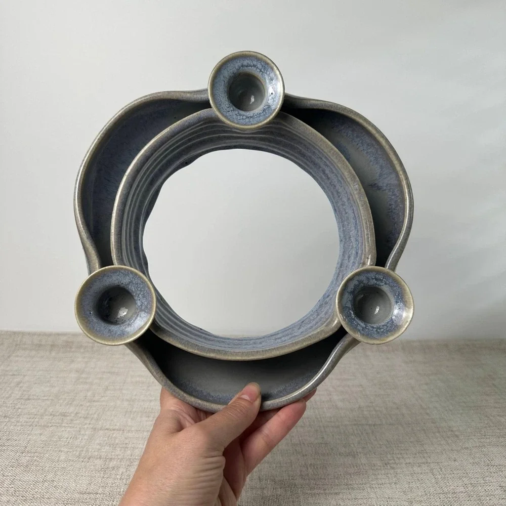 Signed Studio Pottery Triple Candle Holder Blue Gray Glazed Stoneware Pottery